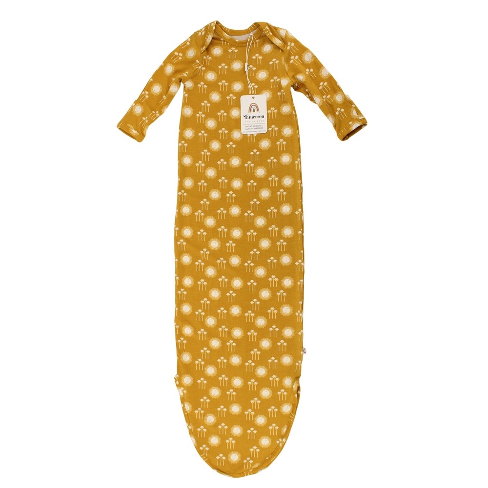 Emerson and Friends Sunny Days Bamboo Newborn Gown Mustard Yellow Sun Palm Tree